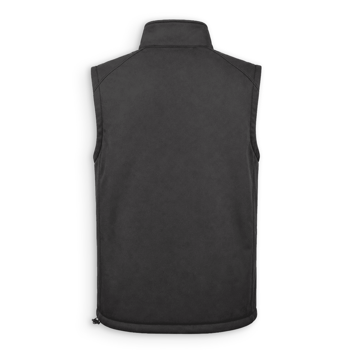 A black sleeveless zippered vest with a stand-up collar, shown from the back against a plain white background.