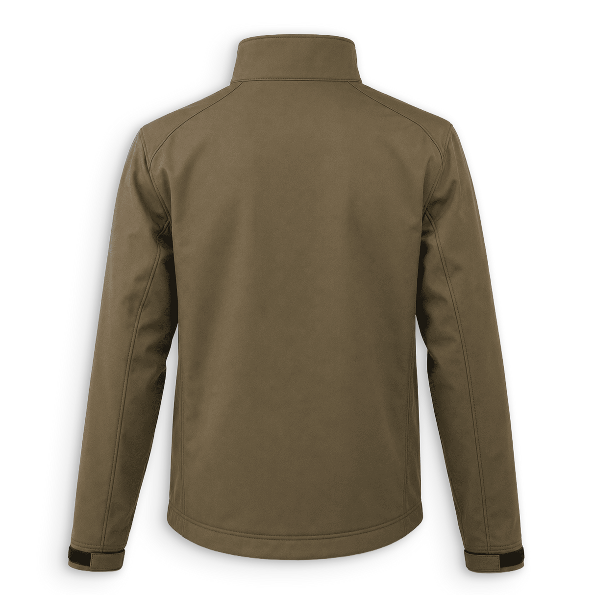 The back view of a men's softshell jacket in a solid olive drab brown color, featuring a high mock neck collar and long sleeves with adjustable cuffs.