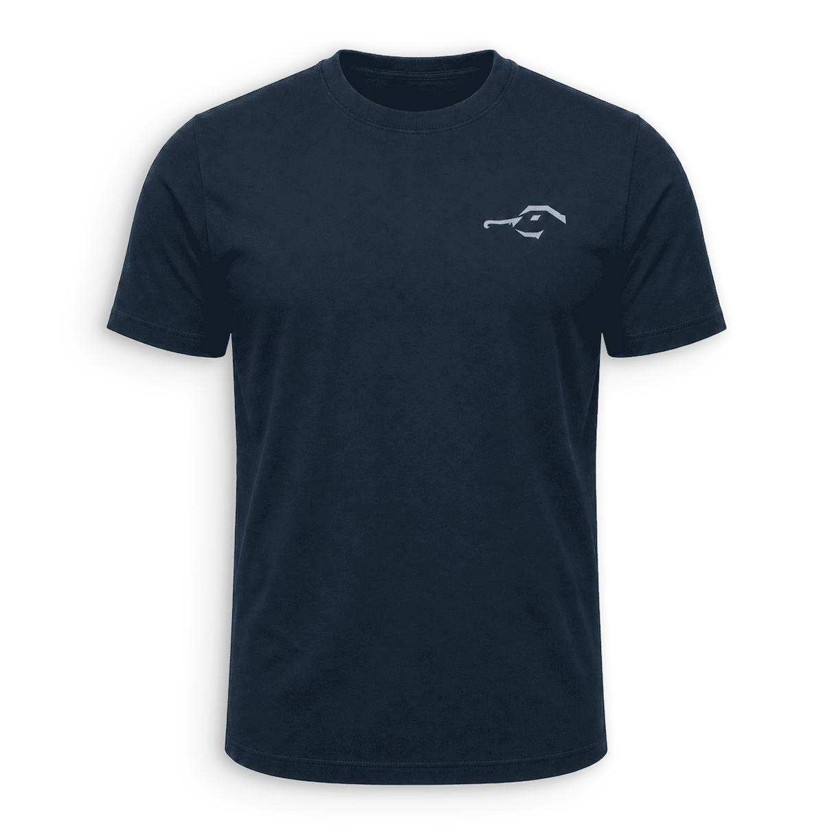 A navy blue short-sleeve crewneck t-shirt with a small white graphic logo on the left chest, displayed on a clean white background.