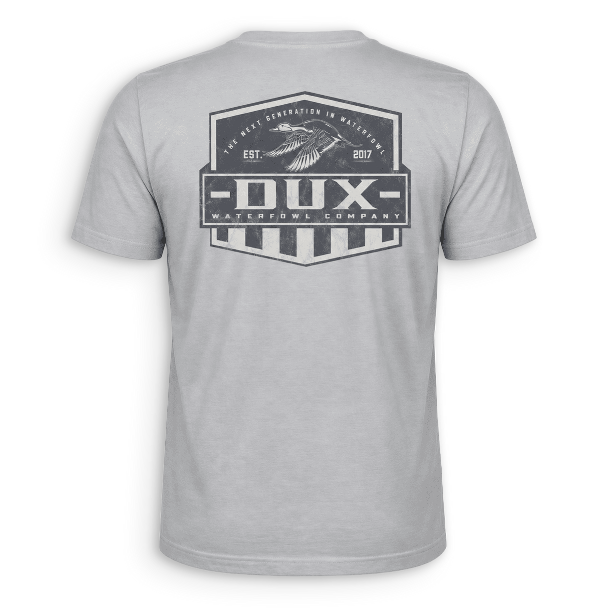 A light gray short-sleeve t-shirt shown from the back, featuring a large dark gray graphic print on the upper back with a duck illustration and the text 'DUX WATERFOWL COMPANY'.