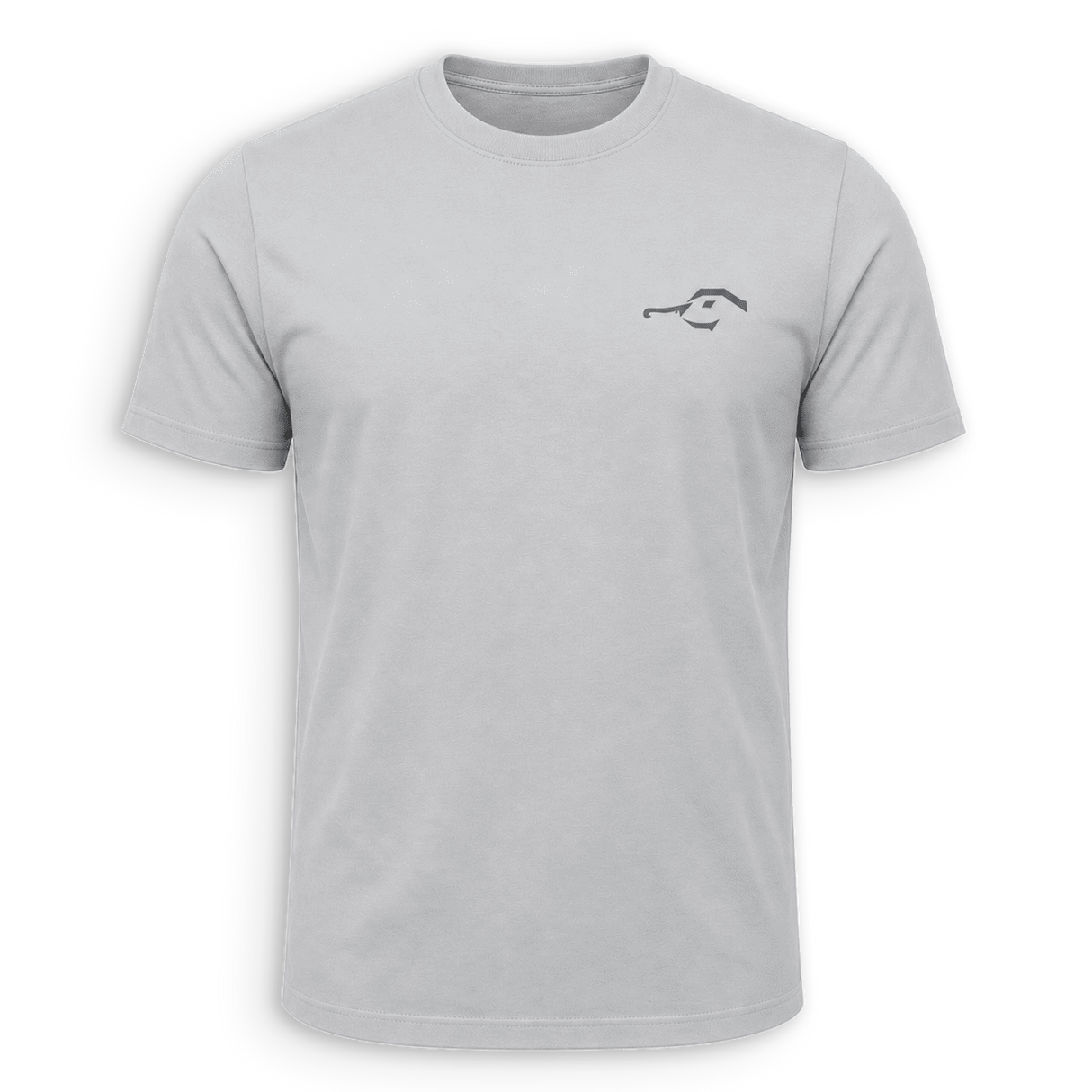 A light gray short-sleeve crewneck t-shirt with a small dark gray graphic logo on the left chest, displayed on a clean white background.
