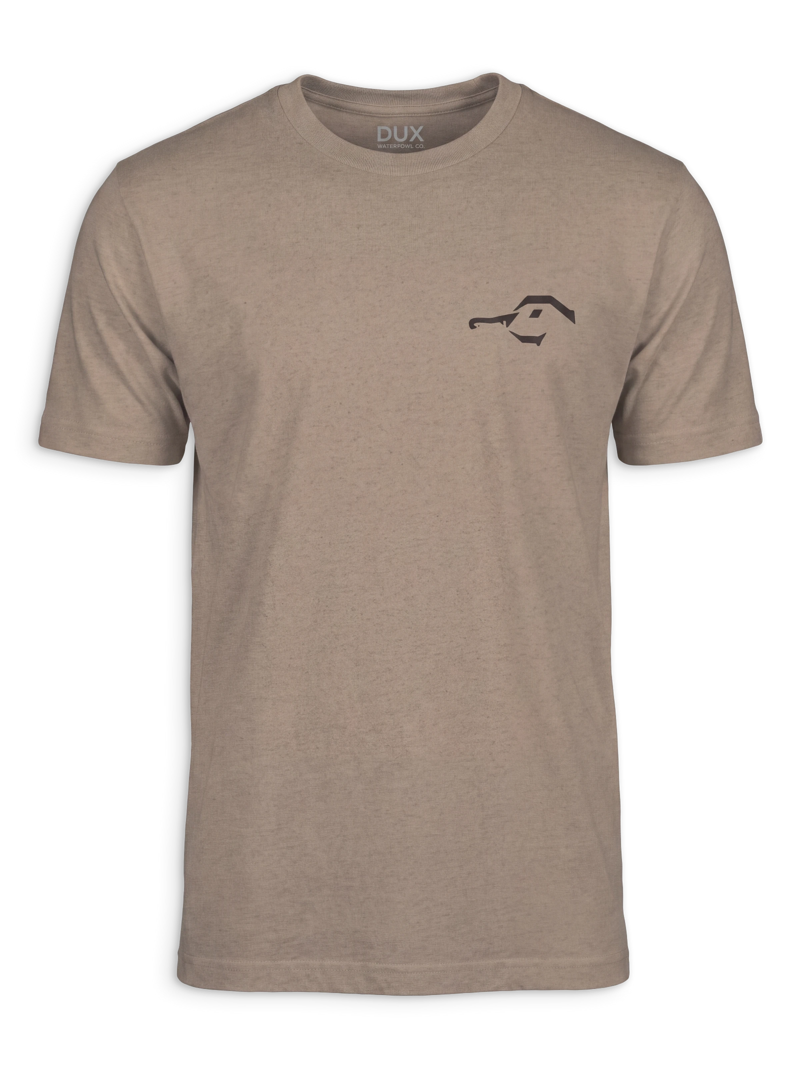 A heathered taupe-brown short-sleeve crewneck t-shirt with a small black DUX logo on the left chest, displayed on a clean white background.