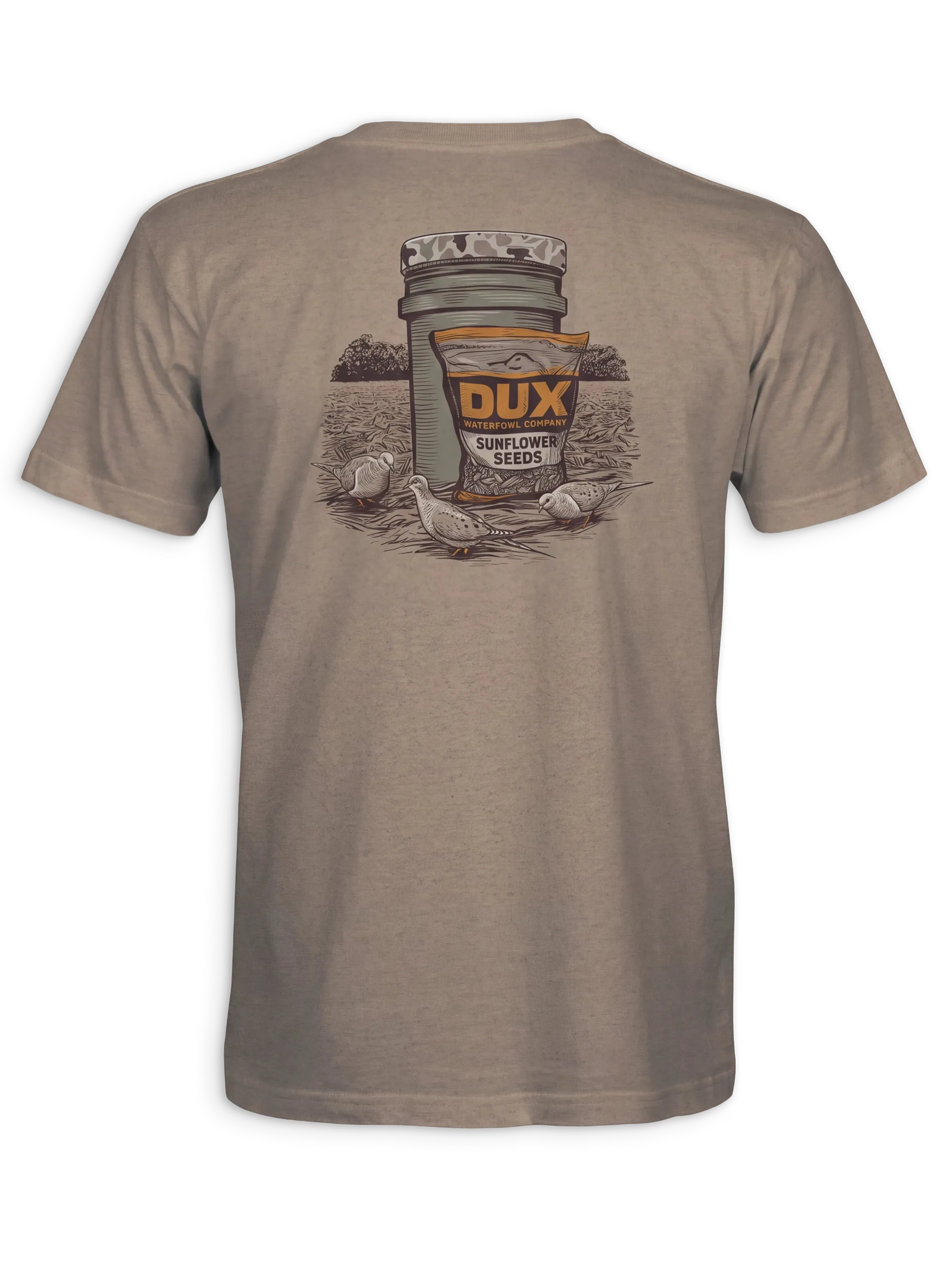 A heather taupe short-sleeve t-shirt showing the back graphic, which features a vintage-style illustration of a Dux Topflower Seeds bucket and bag with ducks in a field.