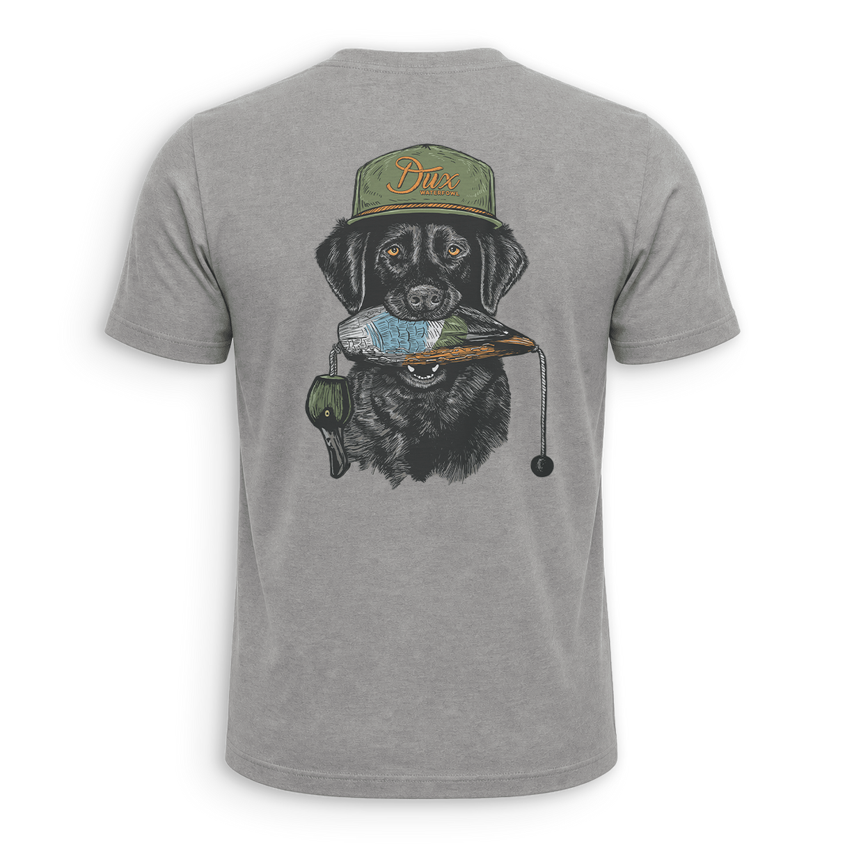 A heather gray short-sleeve t-shirt shown from the back, featuring a large graphic print of a black dog wearing an olive green cap with 'Dix' written on it and holding a blue and orange duck in its mouth.