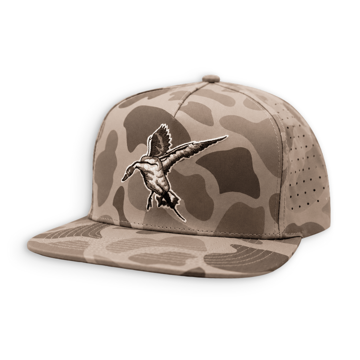 A flat-brim snapback cap in a desert camouflage pattern, featuring a detailed embroidered duck hunting duck on the front panel. The cap has a tan and brown camo pattern with a matching flat brim and perforated side panels.