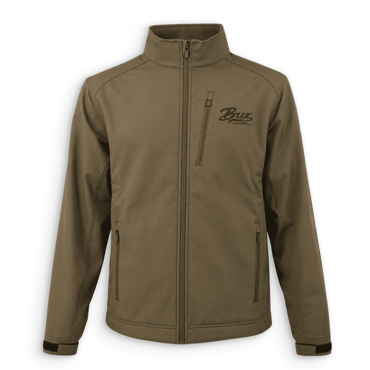An olive green full-zip jacket with a stand-up collar, zippered chest pocket, and zippered hand pockets, featuring a black embroidered 'Brux Shooting' logo on the left chest, shown against a plain white background.