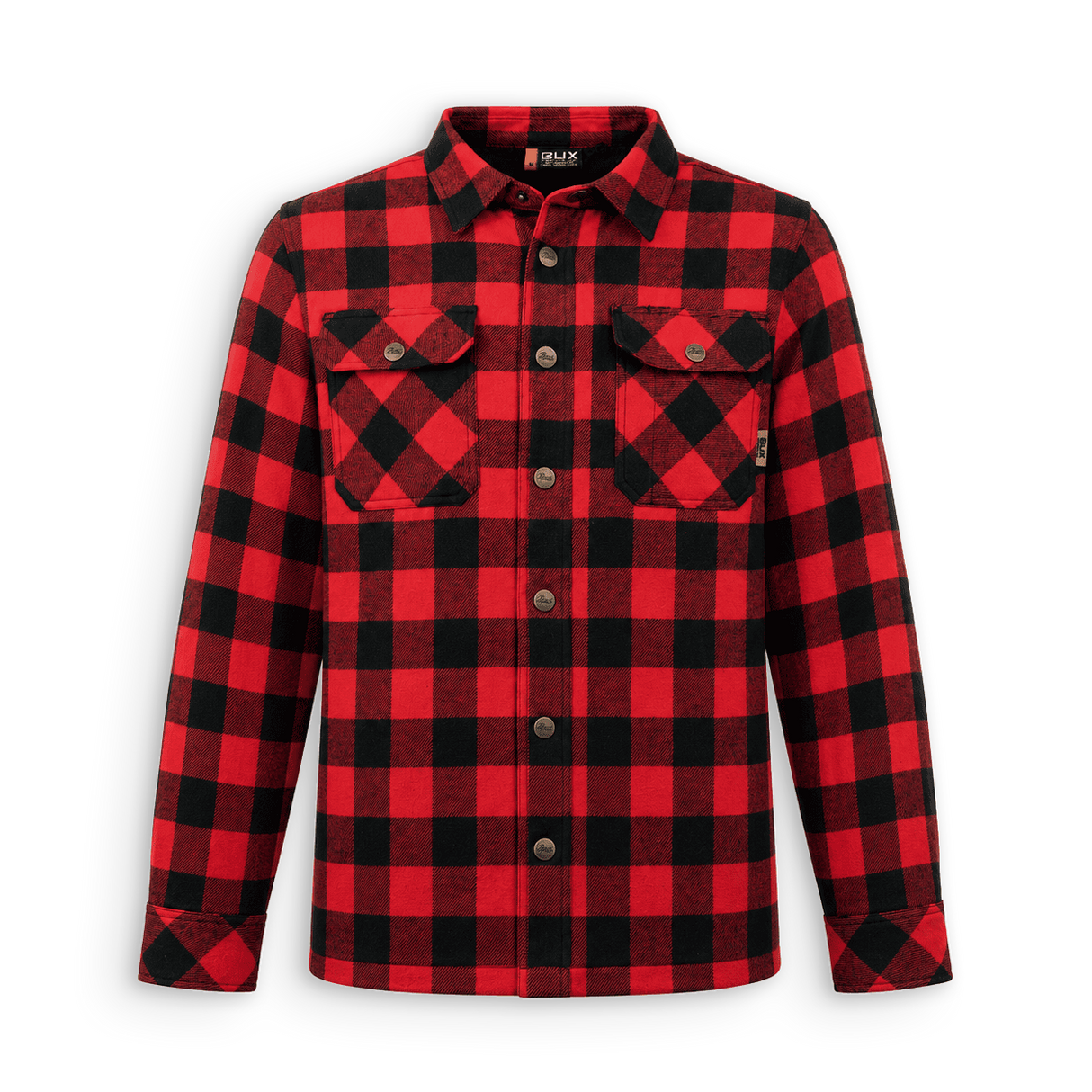 A red and black buffalo plaid long-sleeve button-up shirt by Oak, shown flat against a white background.