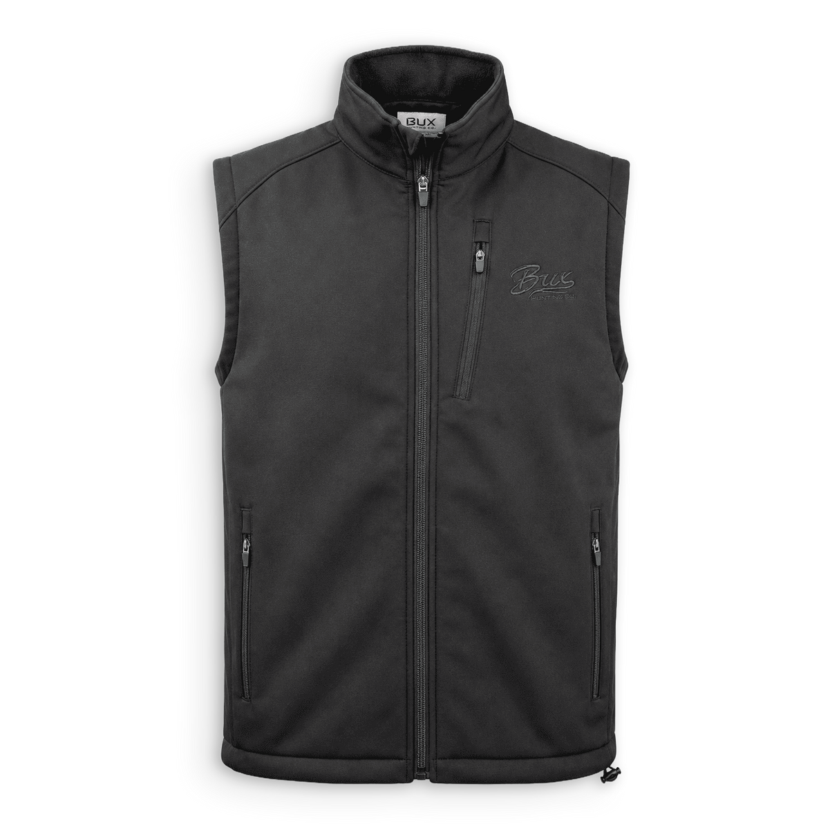A black sleeveless zip-up vest with a stand-up collar, featuring a vertical zippered chest pocket and two zippered hand pockets, shown against a plain white background.