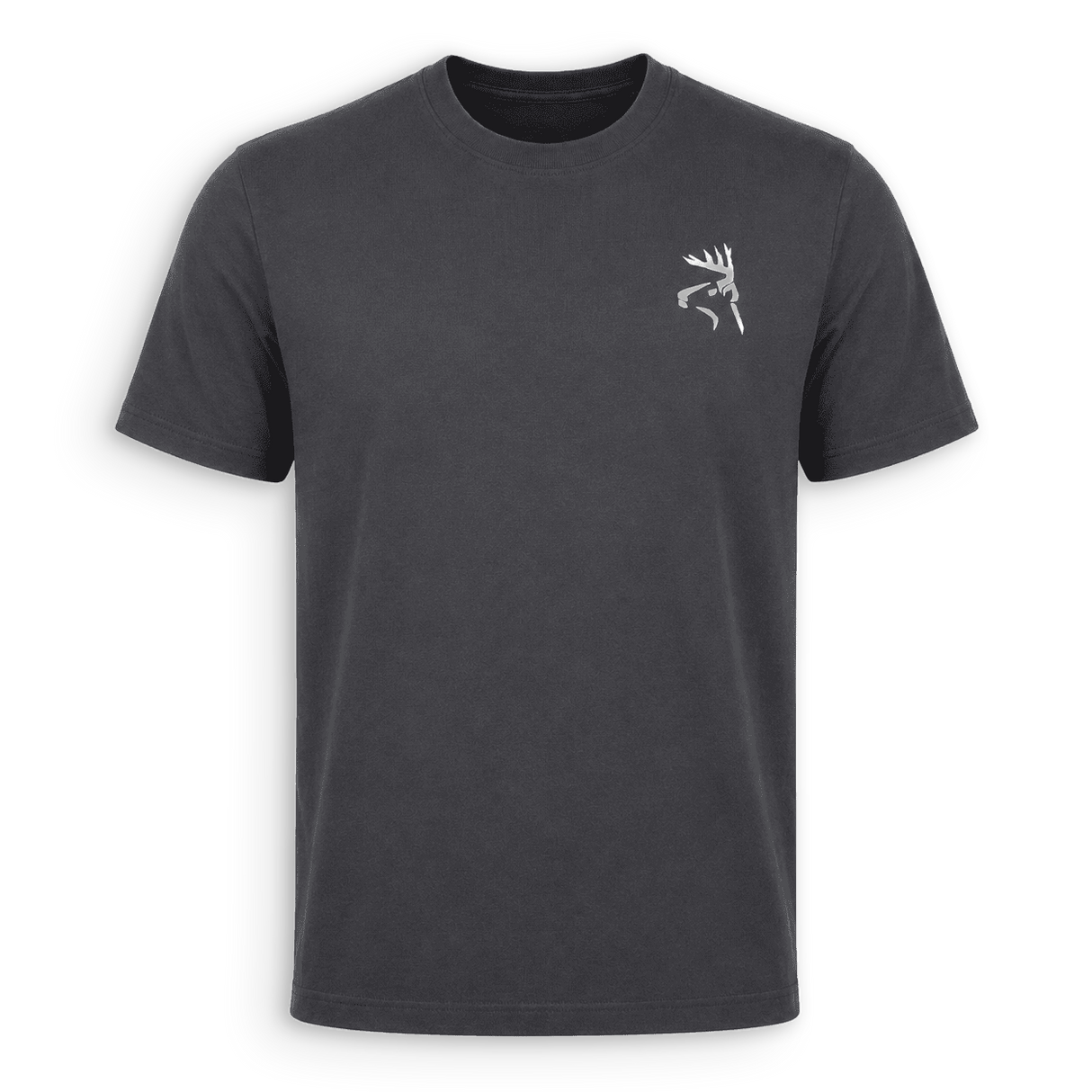 A dark charcoal gray short-sleeve crewneck t-shirt with a small white embroidered deer head logo on the left chest, displayed on a clean white background.