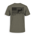 An olive green short-sleeve t-shirt shown from the back, featuring a distressed black graphic of a deer over an American flag with the text 'BUX HUNTING CO.' printed below.