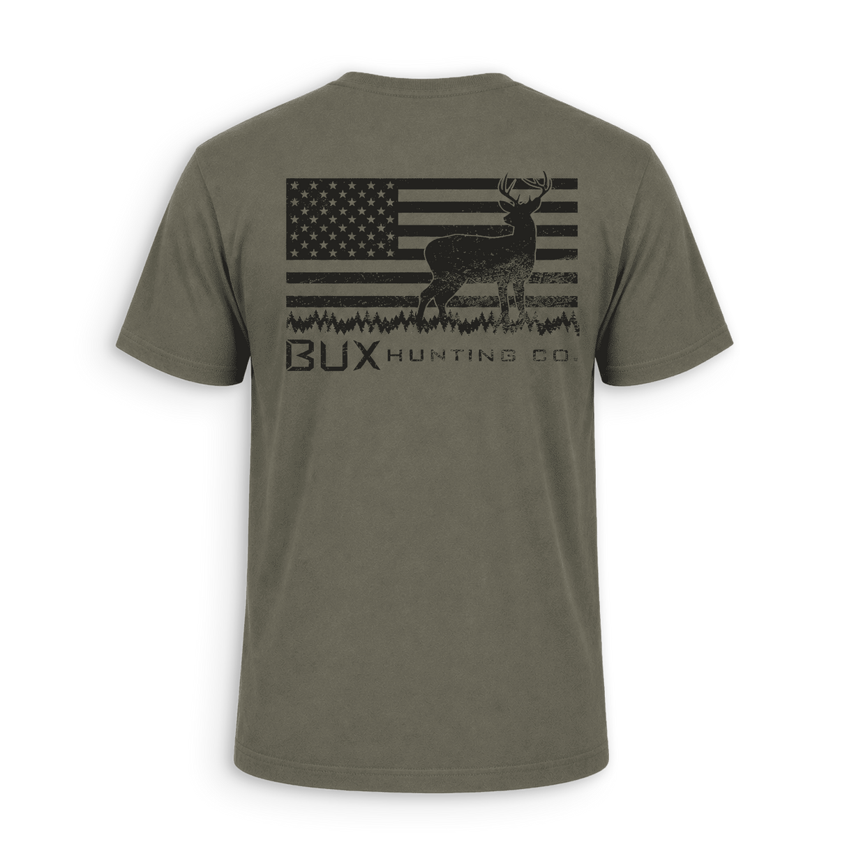 An olive green short-sleeve t-shirt shown from the back, featuring a distressed black graphic of a deer over an American flag with the text 'BUX HUNTING CO.' printed below.