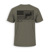 An olive green short-sleeve t-shirt shown from the back, featuring a distressed black graphic of a deer over an American flag with the text 'BUX HUNTING CO.' printed below.