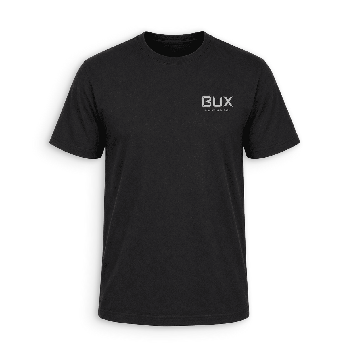 A black short-sleeve crewneck t-shirt with a small white 'BUX MARINE CO.' logo printed on the left chest, displayed on a clean white background.