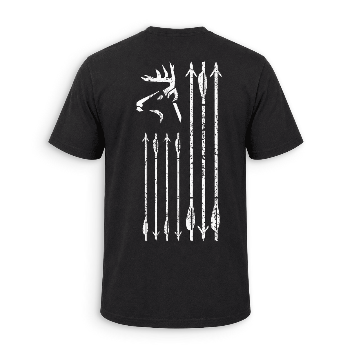 A black short-sleeve t-shirt shown from the back, featuring a distressed white graphic print of a deer head and nine vertical arrows on the back.
