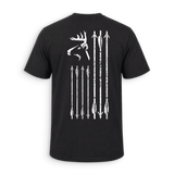 A black short-sleeve t-shirt shown from the back, featuring a distressed white graphic print of a deer head and nine vertical arrows on the back.