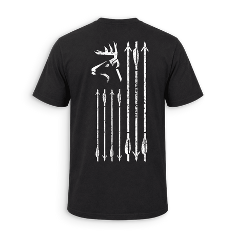 A black short-sleeve t-shirt shown from the back, featuring a distressed white graphic print of a deer head and nine vertical arrows on the back.