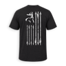 A black short-sleeve t-shirt shown from the back, featuring a distressed white graphic print of a deer head and nine vertical arrows on the back.