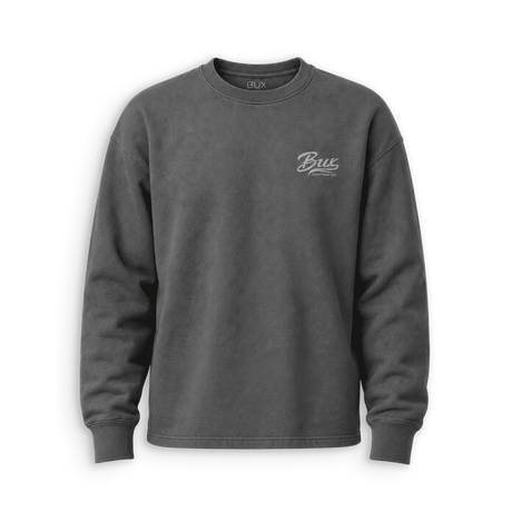 A dark gray crewneck sweatshirt with a small white cursive 'Bus' logo on the left chest, displayed on a clean white background.