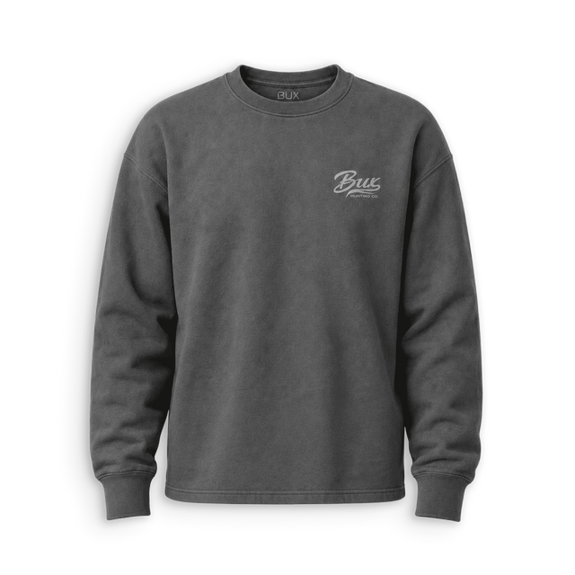 A dark gray crewneck sweatshirt with a small white cursive 'Bus' logo on the left chest, displayed on a clean white background.