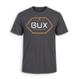 A dark gray crewneck t-shirt featuring a hexagonal chest graphic with the brand name 'BUX HUNTING CO.' in white and orange, set against a plain white background.