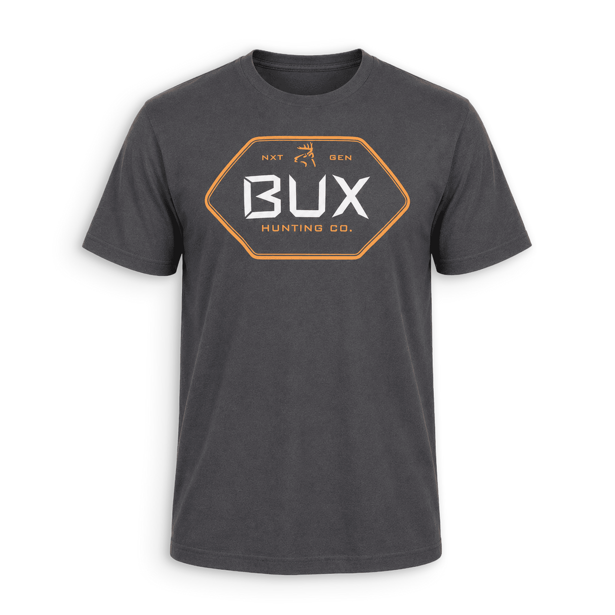 A dark gray crewneck t-shirt featuring a hexagonal chest graphic with the brand name 'BUX HUNTING CO.' in white and orange, set against a plain white background.