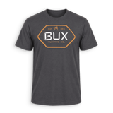 A dark gray crewneck t-shirt featuring a hexagonal chest graphic with the brand name 'BUX HUNTING CO.' in white and orange, set against a plain white background.