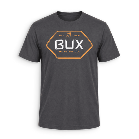 A dark gray crewneck t-shirt featuring a hexagonal chest graphic with the brand name 'BUX HUNTING CO.' in white and orange, set against a plain white background.