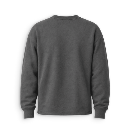 A dark gray crewneck sweatshirt shown from the back, photographed against a clean white background.