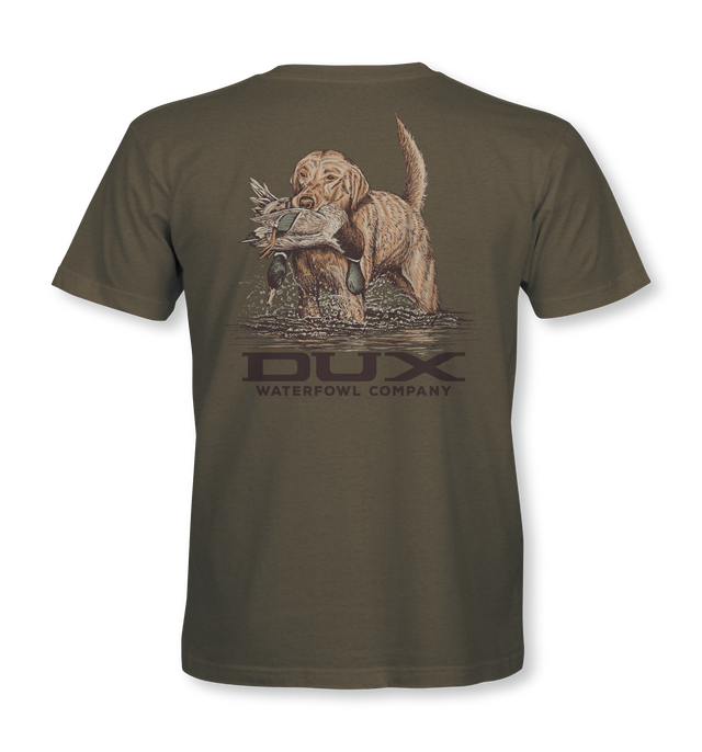 Brown t-shirt with a dog and duck graphic and 'DUX Waterfowl Company' text on a white background