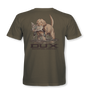 Brown t-shirt with a dog and duck graphic and 'DUX Waterfowl Company' text on a white background