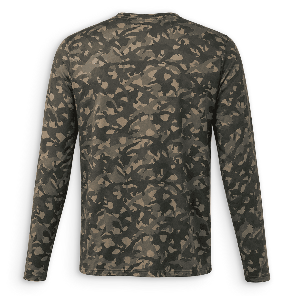 Back view of DUX Backwoods Camo Performance Long Sleeve featuring an all-over green and brown camouflage pattern.