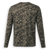 Back view of DUX Backwoods Camo Performance Long Sleeve featuring an all-over green and brown camouflage pattern.