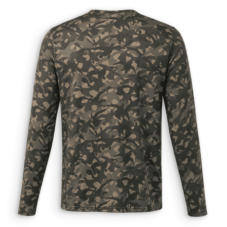 Back view of DUX Backwoods Camo Performance Long Sleeve featuring an all-over green and brown camouflage pattern.