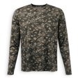 Front view of DUX Backwoods Camo Performance Long Sleeve with green and brown camouflage and a subtle chest logo.