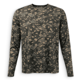 Front view of DUX Backwoods Camo Performance Long Sleeve with green and brown camouflage and a subtle chest logo.