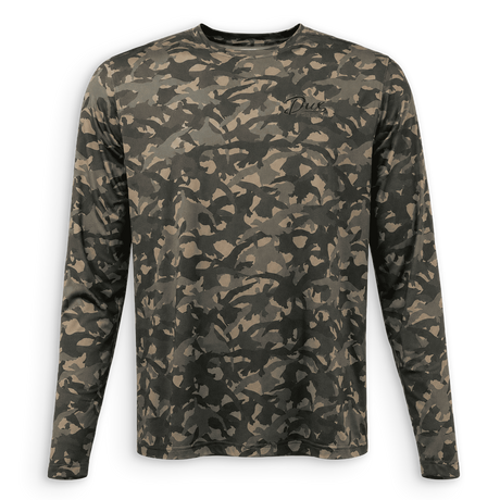 Front view of DUX Backwoods Camo Performance Long Sleeve with green and brown camouflage and a subtle chest logo.