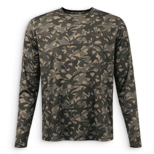 Front view of DUX Backwoods Camo Performance Long Sleeve with green and brown camouflage and a subtle chest logo.