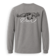 Back view of the gray DUX Landing Mallard Long Sleeve featuring a cupped mallard and DUX Waterfowl Co. graphic.