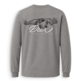 Back view of the gray DUX Landing Mallard Long Sleeve featuring a cupped mallard and DUX Waterfowl Co. graphic.