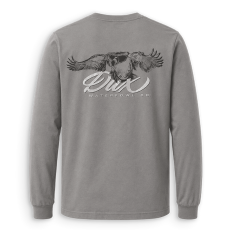 Back view of the gray DUX Landing Mallard Long Sleeve featuring a cupped mallard and DUX Waterfowl Co. graphic.