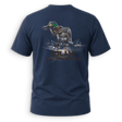 A navy blue short-sleeve t-shirt shown from the back, featuring a graphic of a mallard duck standing in splashing water with the text 'DUX WATERFOWL' printed below it.