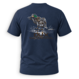 A navy blue short-sleeve t-shirt shown from the back, featuring a graphic of a mallard duck standing in splashing water with the text 'DUX WATERFOWL' printed below it.