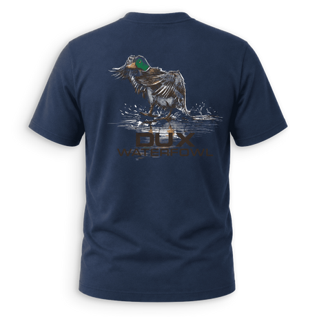 A navy blue short-sleeve t-shirt shown from the back, featuring a graphic of a mallard duck standing in splashing water with the text 'DUX WATERFOWL' printed below it.