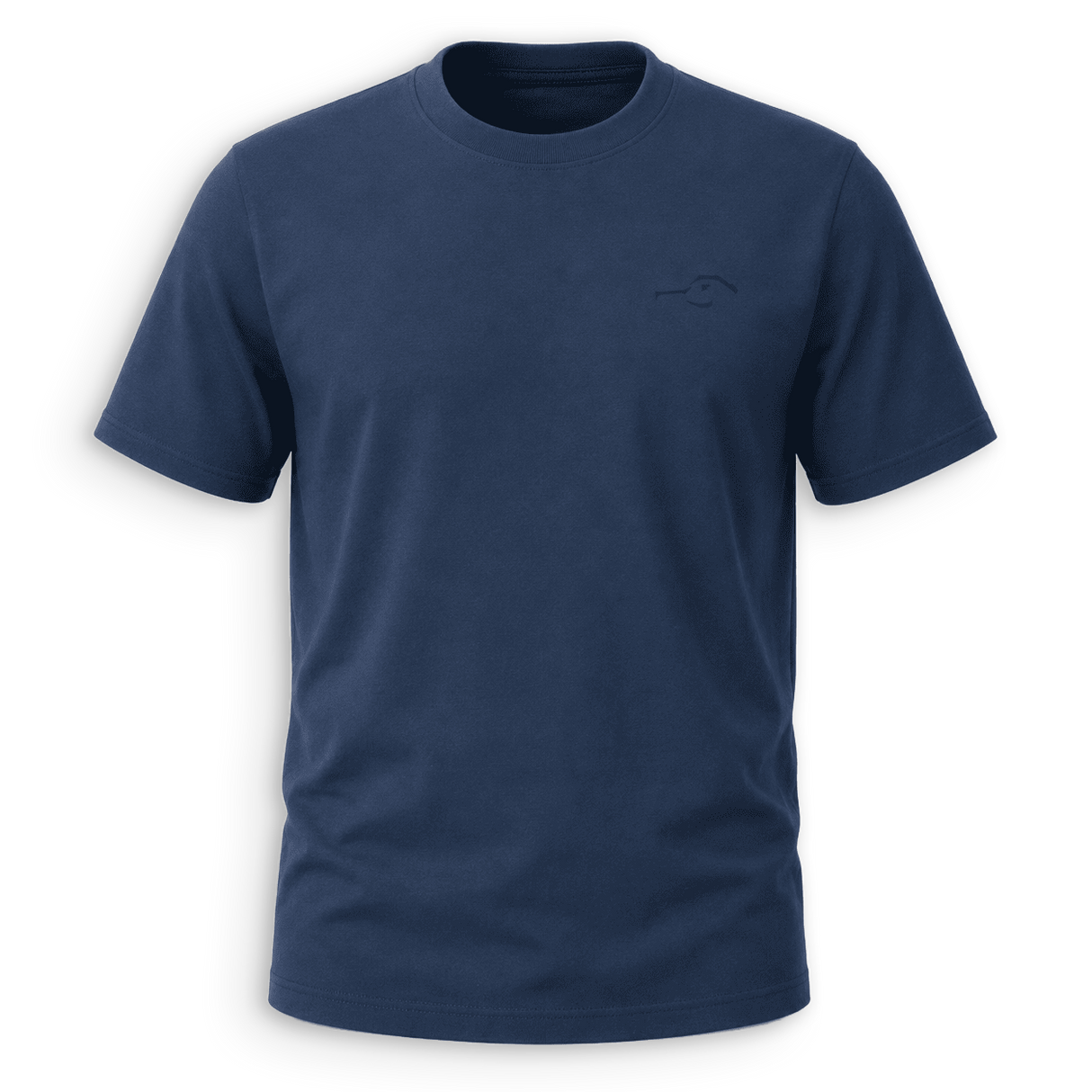 A navy blue short-sleeve crewneck t-shirt with a small tonal embroidered logo on the left chest, displayed on a clean white background.