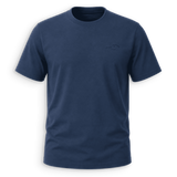 A navy blue short-sleeve crewneck t-shirt with a small tonal embroidered logo on the left chest, displayed on a clean white background.