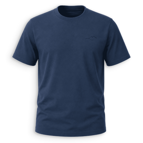 A navy blue short-sleeve crewneck t-shirt with a small tonal embroidered logo on the left chest, displayed on a clean white background.