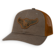 A brown trucker hat with a leather mallard patch on the front.