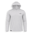 A light gray long-sleeve hooded shirt with a small black fish logo on the left chest, displayed on a clean white background.