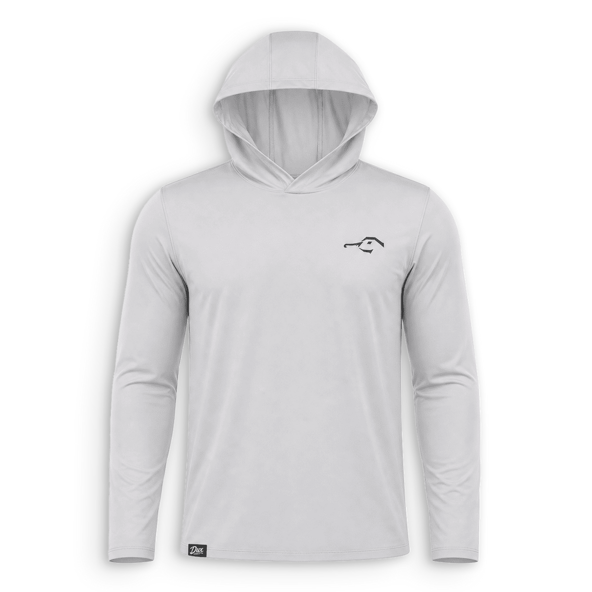 A light gray long-sleeve hooded shirt with a small black fish logo on the left chest, displayed on a clean white background.