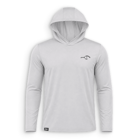A light gray long-sleeve hooded shirt with a small black fish logo on the left chest, displayed on a clean white background.